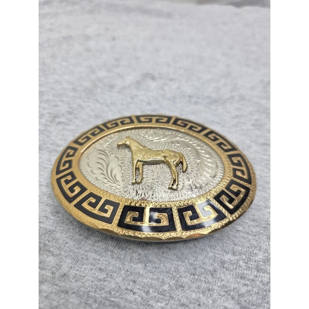 Vintage Handmade DT Stallion Rodeo Southwest Black Enamel Solid Belt Buckle Men